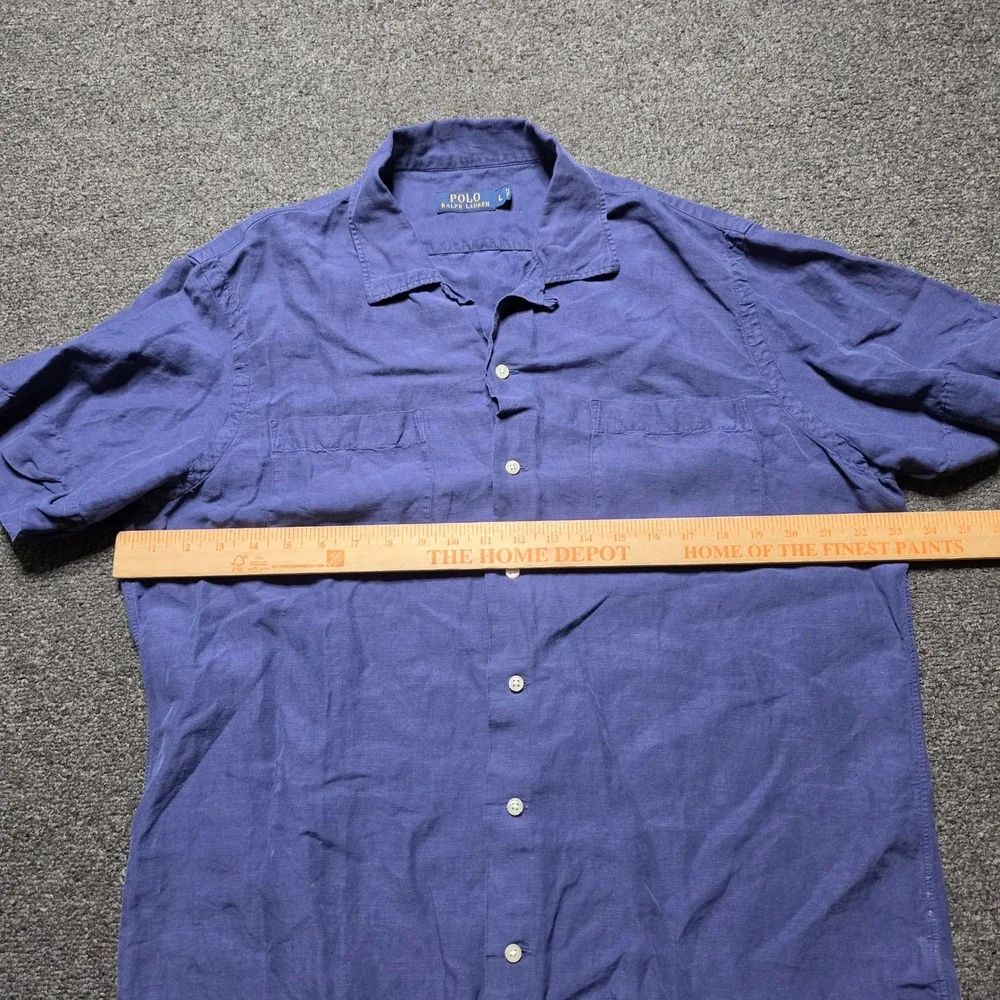 Polo Ralph Lauren Button Down Shirt Blue Mens Large Linen Silk Camp Collar Pony